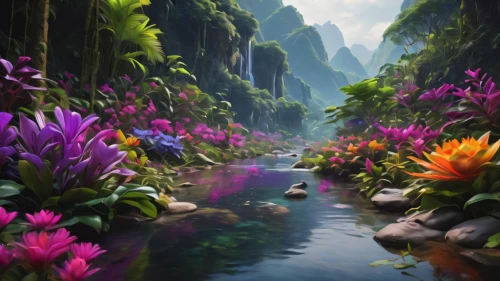 fantasy landscape,flower water,lilies of the valley,splendor of flowers,the valley of flowers,sea of flowers,lotuses,lotus flowers,tropical bloom,river landscape,water lilies,nature landscape,white water lilies,flower painting,water lotus,tropical flowers,mountain spring,lotus pond,landscape background,world digital painting,Photography,General,Natural