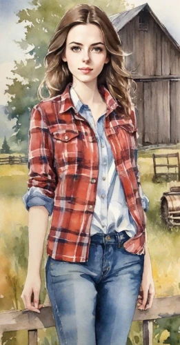 farm girl,farm background,countrygirl,watercolor background,woman of straw,jeans background,hay farm,woman eating apple,farmer,farmer in the woods,cowboy plaid,lori,farm animal,girl with cereal bowl,colored pencil background,portrait background,farmworker,watercolor painting,country,country style,Digital Art,Watercolor