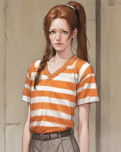 pippi longstocking,girl in t-shirt,cinnamon girl,nora,prisoner,isolated t-shirt,pigtail,worried girl,portrait of a girl,clementine,digital painting,child girl,girl portrait,polo shirt,vanessa (butterfly),a uniform,girl in overalls,girl in a historic way,girl drawing,eleven,Digital Art,Comic