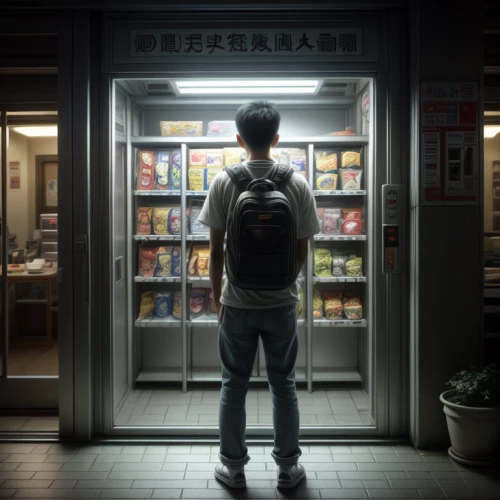 convenience store,vending machine,vending machines,refrigerator,fridge,consumer,freezer,grocery,frozen food,fridge lock,pantry,supermarket,delivery man,vending cart,soda machine,advertising figure,takeaway,take-out food,digital compositing,shopkeeper