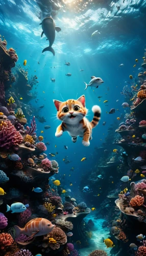 underwater background,sea animal,sea life underwater,ocean underwater,underwater world,foxface fish,corgi,marine animal,underwater fish,underwater landscape,under the water,under water,under the sea,underwater,nemo,scuba,dog in the water,aquatic life,submerged,tiger cat,Photography,General,Fantasy