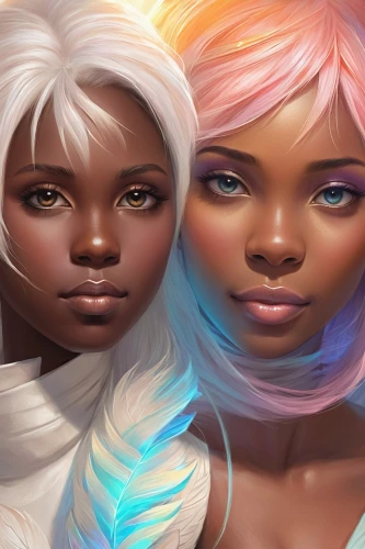 gemini,afro american girls,gradient mesh,world digital painting,fantasy portrait,fantasy art,digital painting,sci fiction illustration,pastel colors,mermaid vectors,artificial hair integrations,multicolor faces,digital art,beautiful african american women,luminous,pastels,soft pastel,sun and moon,spectral colors,celestial bodies,Illustration,Realistic Fantasy,Realistic Fantasy 01