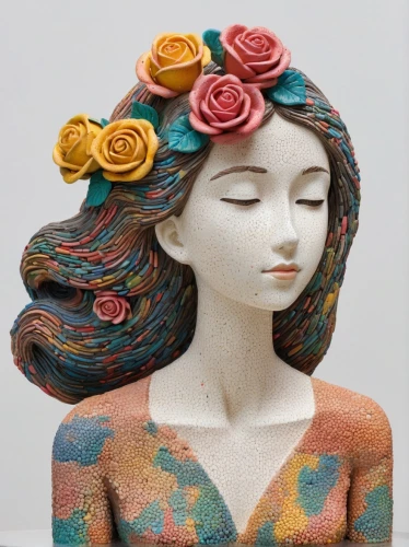 flower hat,woman sculpture,beautiful bonnet,felt flower,artist's mannequin,porcelain rose,girl in a wreath,artist doll,woman's hat,fabric flowers,womans seaside hat,fabric roses,girl in flowers,paper art,clay doll,women's hat,felted and stitched,fabric flower,decorative figure,painter doll,Conceptual Art,Daily,Daily 31