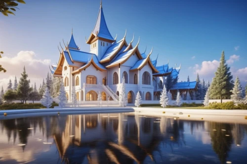 fairy tale castle,white temple,ice castle,crown render,fairytale castle,3d rendering,3d fantasy,render,elves flight,3d render,snow house,thai temple,north pole,whipped cream castle,gnome ice skating,christmas landscape,christmas house,buddhist temple complex thailand,snow roof,finnish lapland,Photography,General,Realistic