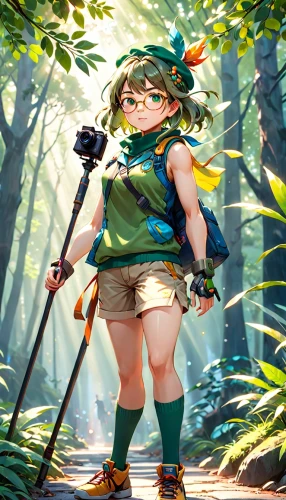 hiker,adventurer,forest clover,link,robin hood,trekking pole,mountain guide,marie leaf,wander,patrol,trekking poles,forest walk,forest background,tiki,hiking,ashitaba,aaa,park ranger,alm,scout,Anime,Anime,General