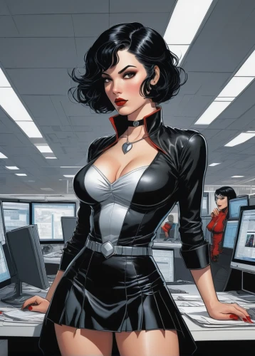 secretary,office worker,night administrator,receptionist,desk top,business woman,businesswoman,black widow,bookkeeper,girl at the computer,business girl,super heroine,work from home,librarian,catwoman,in a working environment,sprint woman,telephone operator,latex clothing,blur office background,Illustration,Realistic Fantasy,Realistic Fantasy 04