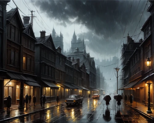 city scape,world digital painting,rainstorm,heavy rain,medieval street,monsoon,gothic architecture,rainy,evening atmosphere,atmospheric,rainy day,rains,cityscape,townscape,black city,street lamps,rainy weather,raining,rain,night scene