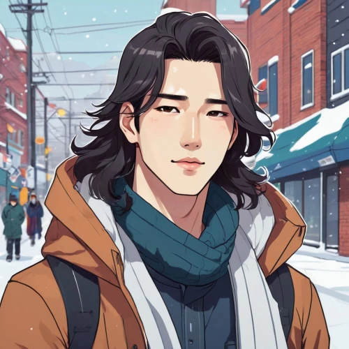 winter background,snowy,winter clothes,winter,husband,snowfall,snow scene,winter clothing,handsome,dandruff,dumpling,handsome guy,christmas snowy background,snow,warmly,a son,snow-capped,city ​​portrait,snow man,anime boy,Illustration,Japanese style,Japanese Style 06
