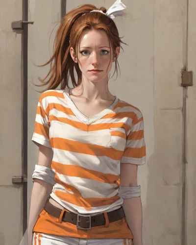 clementine,vanessa (butterfly),pippi longstocking,character animation,pigtail,nora,tracer,girl in overalls,redhead doll,cinnamon girl,croft,hairtie,orange,main character,overalls,game character,cotton top,asuka langley soryu,retro girl,horizontal stripes,Digital Art,Comic
