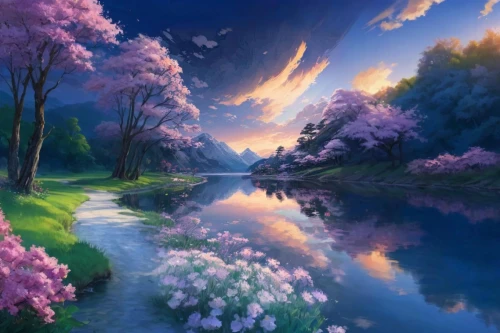 purple landscape,river landscape,the cherry blossoms,fantasy landscape,beautiful landscape,lilac tree,japanese cherry trees,cherry blossom tree,cherry trees,sakura trees,splendor of flowers,nature landscape,cherry blossoms,landscape background,spring blossom,cherry blossom,lilac blossom,landscape nature,fantasy picture,springtime background