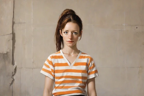 girl in t-shirt,girl in a long,girl with cereal bowl,isolated t-shirt,portrait of a girl,depressed woman,painter doll,young woman,woman thinking,striped background,girl with cloth,girl sitting,horizontal stripes,prisoner,cloves schwindl inge,girl in cloth,girl with bread-and-butter,girl with a wheel,redhead doll,animated cartoon,Digital Art,Comic