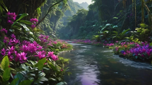 river landscape,tropical bloom,flower water,lilies of the valley,fantasy landscape,mountain stream,elven forest,the valley of flowers,rain forest,nature landscape,vietnam,rainforest,splendor of flowers,flowing creek,purple landscape,lilly of the valley,world digital painting,tropical jungle,landscape background,brook landscape,Photography,General,Natural