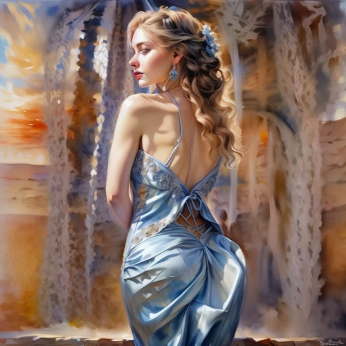 watercolor pin up,girl in a long dress,oil painting,evening dress,art painting,italian painter,photo painting,romantic portrait,girl in a long dress from the back,oil painting on canvas,carol m highsmith,a girl in a dress,world digital painting,fashion illustration,art deco woman,fabric painting,young woman,ball gown,vintage art,watercolor blue