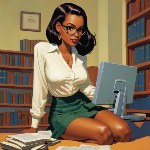 librarian,secretary,girl at the computer,girl studying,bookworm,retro women,reading glasses,bookkeeper,secretary desk,scholar,black women,sci fiction illustration,author,academic,office worker,women's novels,geek pride day,study room,black professional,night administrator,Conceptual Art,Fantasy,Fantasy 07