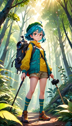 adventurer,hiker,cg artwork,2d,forest background,forest clover,mountain guide,game illustration,scandia gnome,biologist,fae,aaa,parka,explorer,hatsune miku,aa,alm,patrol,scout,farmer in the woods,Anime,Anime,Cartoon