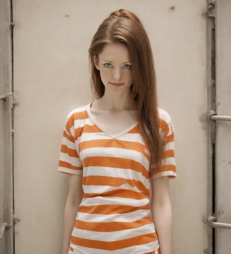 horizontal stripes,girl in t-shirt,pippi longstocking,redhead doll,raggedy ann,stripes,striped background,striped,mime,prisoner,bright orange,redheaded,orange,orange color,stripe,mime artist,clove,liberty cotton,isolated t-shirt,paleness