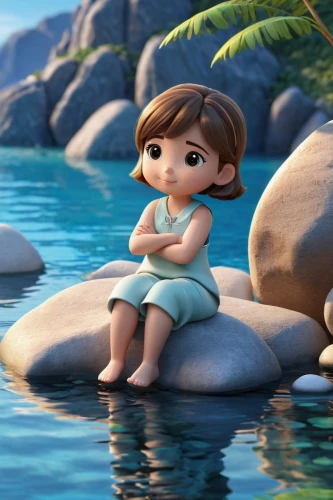 lilo,moana,agnes,the beach pearl,cute cartoon character,princess anna,tiana,hula,clay animation,cute cartoon image,summer background,little mermaid,south pacific,blue jasmine,mermaid background,girl sitting,by the sea,girl on the boat,girl on the river,digital compositing,Unique,3D,3D Character