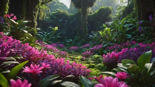 fairy forest,elven forest,tropical bloom,fairy world,flowering plants,tunnel of plants,fairy village,garden of eden,forest glade,fairytale forest,fantasy landscape,flower garden,forest floor,sea of flowers,flora,forest flower,bromeliaceae,bromeliad,splendor of flowers,flowers png,Photography,General,Natural