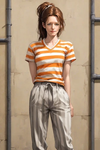 clementine,3d figure,prisoner,3d model,female doll,girl in overalls,eleven,trousers,character animation,overall,mime,horizontal stripes,3d render,rockabella,mime artist,pubg mascot,artist's mannequin,sweatpant,pants,animated cartoon,Digital Art,Comic