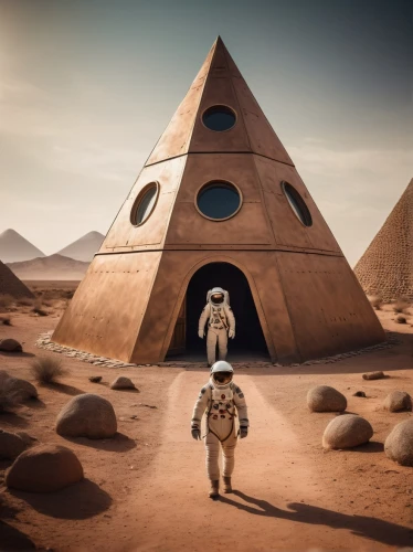 mission to mars,martian,digital compositing,mars probe,planet mars,red planet,extraterrestrial life,admer dune,burning man,futuristic architecture,tepee,russian pyramid,sky space concept,viewing dune,space tourism,alien planet,spaceship space,spacecraft,wigwam,concept art,Photography,General,Cinematic