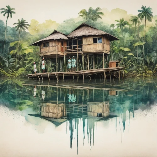 stilt house,stilt houses,floating huts,tropical house,house with lake,house by the water,kerala,wooden house,houseboat,wooden houses,cube stilt houses,tree house hotel,floating islands,house in the forest,polynesia,idyllic,java island,backwaters,boat house,kerala porotta,Illustration,Realistic Fantasy,Realistic Fantasy 23