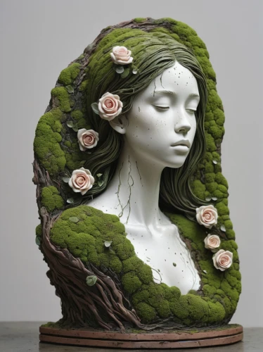 girl in a wreath,mother earth statue,woman sculpture,sculptor ed elliott,girl in flowers,dryad,garden sculpture,rose wreath,flora,blooming wreath,garden decor,wreath of flowers,girl in the garden,rose woodruff,green wreath,flower art,flower hat,decorative art,stone sculpture,the sleeping rose,Illustration,Black and White,Black and White 01