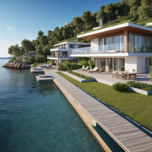 house by the water,luxury property,holiday villa,3d rendering,waterfront,floating huts,house with lake,coastal protection,lavezzi isles,luxury home,seaside view,eco hotel,luxury real estate,render,eco-construction,seaside resort,wooden decking,the waterfront,houseboat,dunes house,Photography,General,Realistic