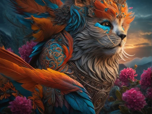 forest king lion,fantasy portrait,fantasy art,cat warrior,fantasy picture,gryphon,garuda,lion - feline,felidae,firestar,animal feline,norwegian forest cat,royal tiger,feline,druid,fauna,maincoon,portrait background,flower cat,lynx,Photography,General,Fantasy