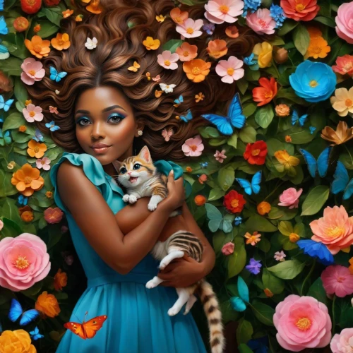 girl in flowers,girl in a wreath,flower cat,beautiful girl with flowers,fantasy portrait,flower animal,fantasy art,she feeds the lion,world digital painting,cat lovers,flower girl,african daisies,fantasy picture,oil painting on canvas,romantic portrait,mother nature,holding flowers,african american woman,with a bouquet of flowers,little girl and mother