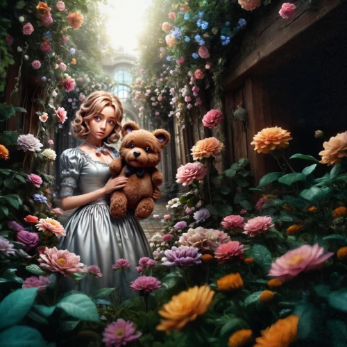 girl in flowers,girl picking flowers,girl in a wreath,girl in the garden,alice in wonderland,girl with dog,the little girl's room,cavapoo,wonderland,vintage flowers,flower girl,flower garden,shirley temple,flower shop,flower painting,wreath of flowers,beautiful girl with flowers,roses daisies,rosebushes,way of the roses