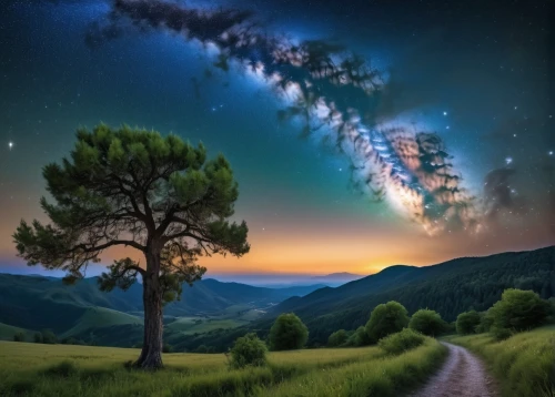 astronomy,the milky way,fantasy landscape,the night sky,milky way,fantasy picture,night sky,planet alien sky,pillars of creation,galaxy collision,landscape background,starry sky,lone tree,celestial phenomenon,space art,milkyway,nature landscape,magic tree,colorful star scatters,fairy galaxy,Photography,General,Realistic