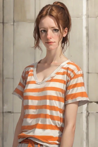 girl in t-shirt,pippi longstocking,clementine,orange,horizontal stripes,girl sitting,portrait of a girl,girl in overalls,striped background,worried girl,young woman,girl with cereal bowl,girl with cloth,girl studying,redhead doll,the girl's face,girl portrait,female model,cotton top,character animation,Digital Art,Comic