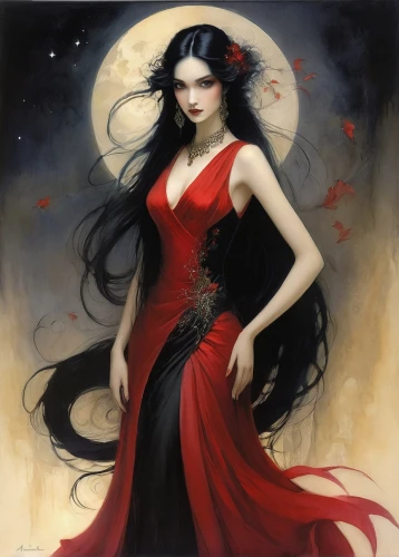 vampire woman,vampire lady,gothic woman,lady of the night,queen of the night,lady in red,red gown,moonflower,black rose hip,sorceress,gothic portrait,fantasy art,red rose,queen of hearts,gothic dress,man in red dress,oriental princess,gothic fashion,goth woman,red roses,Illustration,Realistic Fantasy,Realistic Fantasy 16
