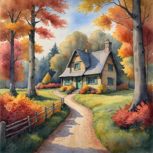 fall landscape,home landscape,autumn landscape,cottage,country cottage,autumn idyll,summer cottage,cottages,house painting,autumn scenery,autumn background,church painting,little house,house in the forest,lonely house,rural landscape,country house,farmhouse,one autumn afternoon,farm house,Illustration,Paper based,Paper Based 01