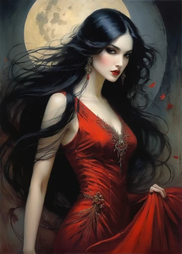 vampire woman,vampire lady,gothic woman,lady of the night,lady in red,queen of the night,fantasy art,mystical portrait of a girl,blue moon rose,red riding hood,moonflower,moon phase,moonlit,the enchantress,sorceress,black rose hip,fantasy portrait,moonlit night,queen of hearts,gothic portrait,Illustration,Realistic Fantasy,Realistic Fantasy 16