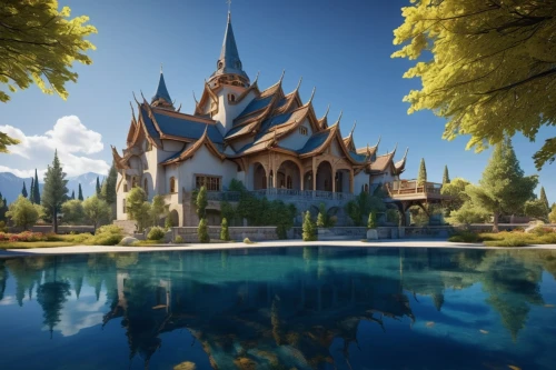 fairy tale castle,fairytale castle,white temple,stave church,ayutthaya,monastery,buddhist temple complex thailand,asian architecture,water castle,pool house,thai temple,gold castle,water palace,dragon palace hotel,3d fantasy,knight village,beautiful buildings,roof landscape,disney castle,escher village,Photography,General,Realistic