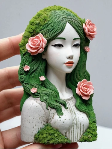 porcelain rose,green mermaid scale,mint blossom,clay doll,green wreath,handmade doll,girl in a wreath,artist doll,green rose hips,dryad,rose wreath,sugar paste,girl in flowers,flora,jade flower,hedge rose,bookmark with flowers,painter doll,spring crown,evergreen rose,Unique,3D,Isometric