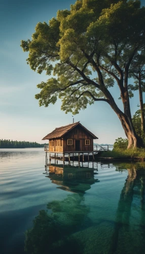 house with lake,island suspended,beautiful lake,house by the water,floating huts,floating over lake,calm water,tranquility,wooden pier,summer cottage,idyllic,calm waters,boathouse,islet,floating island,wooden sauna,boat house,artificial islands,summer house,an island far away landscape,Photography,General,Realistic