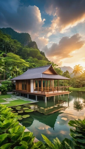 tropical house,house by the water,house with lake,floating huts,french polynesia,over water bungalows,golden pavilion,tahiti,kauai,stilt house,vietnam,southeast asia,home landscape,the golden pavilion,asian architecture,tropical greens,samoa,philippines,moorea,beautiful home,Photography,General,Realistic