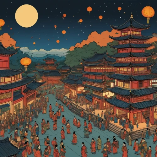 mid-autumn festival,cool woodblock images,kyoto,kiyomizu,tsukemono,oriental painting,kiyomizu-dera,senso-ji,ancient parade,spring festival,asakusa,mooncake festival,sensoji,japanese art,lanterns,panokseon,woodblock prints,winter festival,bukchon,hanok,Illustration,Vector,Vector 03