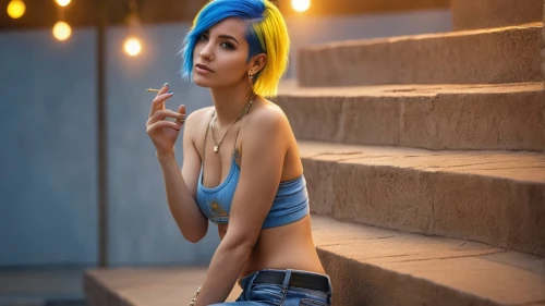 girl on the stairs,cosplay image,blue shoes,blue hair,tiber riven,pin-up girl,pin-up model,smurf figure,cigarette girl,lycia,yellow and blue,cosplay,retro girl,pixie-bob,2d,smoking girl,lis,pixie,yellow purse,girl in overalls,Photography,General,Commercial