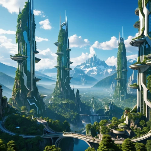 futuristic landscape,fantasy city,fantasy landscape,futuristic architecture,fantasy world,alien world,terraforming,imperial shores,ancient city,utopian,3d fantasy,valerian,alien planet,fractal environment,building valley,green valley,aurora village,scandia gnomes,citadel,elves flight