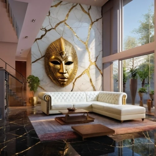 golden mask,gold mask,gold wall,gold stucco frame,modern decor,interior modern design,contemporary decor,luxury home interior,golden buddha,great room,interior decoration,gold leaf,living room,modern living room,interior decor,gold paint stroke,livingroom,3d rendering,stucco wall,interior design