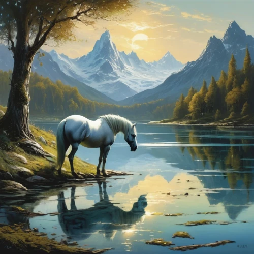 landscape background,unicorn art,mountain scene,fantasy picture,fantasy landscape,equine,a white horse,painted horse,river landscape,mountain landscape,beautiful landscape,white horses,nature landscape,white horse,man and horses,mountain pasture,beautiful horses,fantasy art,salt meadow landscape,unicorn background,Conceptual Art,Fantasy,Fantasy 12