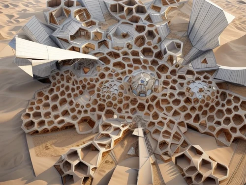 honeycomb structure,building honeycomb,mandelbulb,trypophobia,honeycomb,desert flower,strange structure,insect house,bee house,honeycomb grid,swarm of bees,burning man,admer dune,pollen warehousing,bee hive,fractals art,solar cell base,bee colony,dubai desert,futuristic architecture