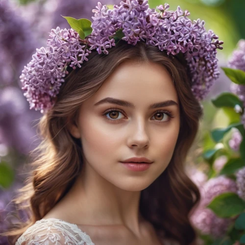 beautiful girl with flowers,lilac flowers,lilac blossom,girl in flowers,lilac flower,lilacs,flower crown,lilac bouquet,girl in a wreath,spring crown,floral wreath,common lilac,daphne flower,golden lilac,wreath of flowers,white lilac,blooming wreath,lavender flowers,lilac arbor,flower hat,Photography,General,Cinematic