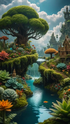 fantasy landscape,fantasy picture,3d fantasy,fairy world,mushroom landscape,fantasy art,mushroom island,floating islands,fairy village,floating island,fantasy world,an island far away landscape,world digital painting,cartoon video game background,bird kingdom,fractal environment,fairy forest,underwater landscape,fairy house,underwater oasis,Photography,General,Fantasy