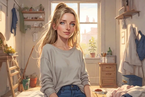 girl in the kitchen,the little girl's room,girl studying,girl with bread-and-butter,the girl in nightie,cleaning woman,housework,sweater,portrait of a girl,girl in t-shirt,the girl's face,young woman,girl at the computer,girl portrait,pajamas,worried girl,girl with cloth,painting technique,the long-hair cutter,girl in a long,Digital Art,Comic