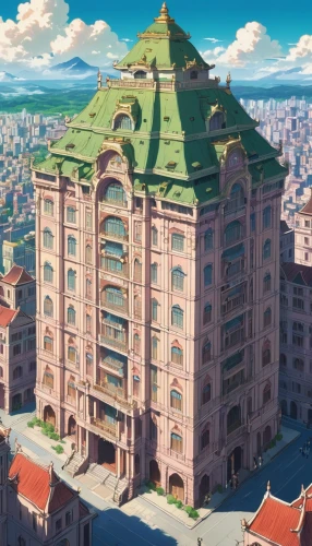 studio ghibli,grand hotel,akko,sky apartment,violet evergarden,stalin skyscraper,dragon palace hotel,apartment building,french building,skyscraper town,valerian,beautiful buildings,renaissance tower,stalinist skyscraper,apartment block,art nouveau,roof domes,the skyscraper,new castle,city palace,Illustration,Japanese style,Japanese Style 03