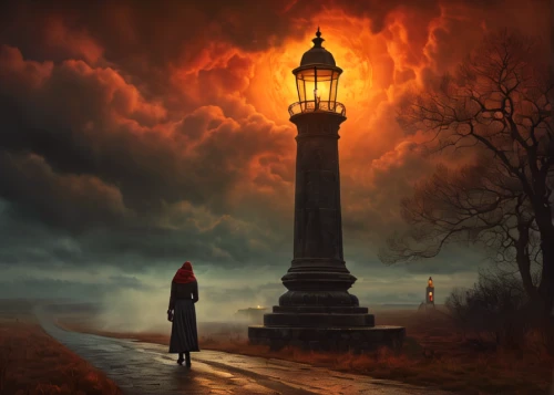 lamplighter,red lighthouse,guiding light,gas light,fantasy picture,electric lighthouse,pillar of fire,light of night,lantern,photomanipulation,photo manipulation,the pillar of light,lamppost,light post,warning light,gas lamp,lighthouse,gothic woman,sci fiction illustration,bram stoker,Photography,General,Fantasy